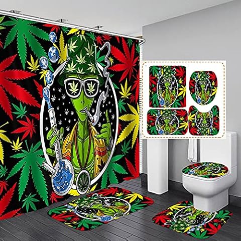 SKAILIÉ 4PCS Marijuana Leaf Shower Curtain Set, Cool Smoking Alien with Cannabis Sunglasses Red Yellow Green Hippie Trippy Psychedelic Weed Leaf Bathroom Decor, Non-Slip Bath Mat Toilet Rug, Bubble Cover