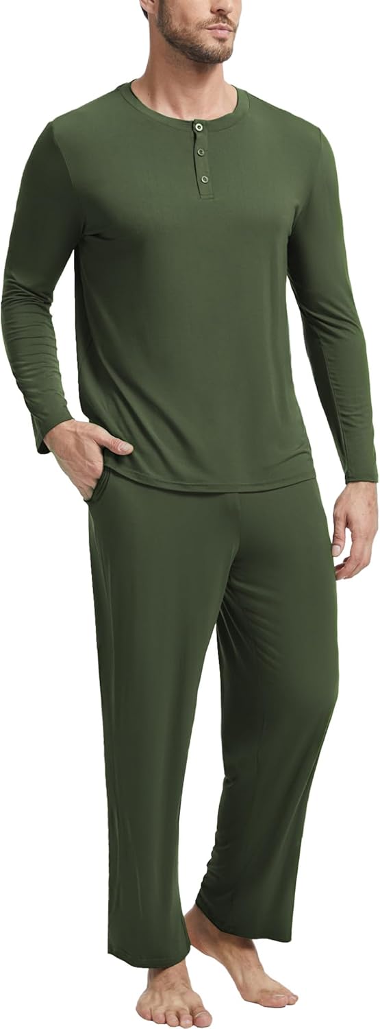 GYS Bamboo Viscose Men's Pajama Sets Long Sleeve Henley Neck Casual Sleep Set with Pockets