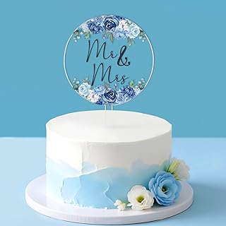 Dusty Blue Floral Mr & Mrs Wedding Acrylic Cake Topper - Round Floral Cake Decoration for Bride and Groom, Flower Wedding, Bridal Shower, Engagement, Anniversary, Bachelorette Party Supply