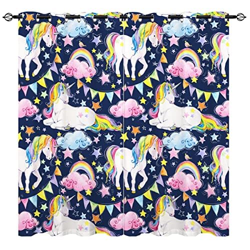 YUANZU Rainbow Unicorn Curtains - Kids Girls Colorful Watercolor Pink Blue Clouds Stars Birds Animal Art Print Pattern Eyelet Blackout Thermal Window Drapes for Baby Bedroom 2 Panels W132cm x D160cm โ image 1