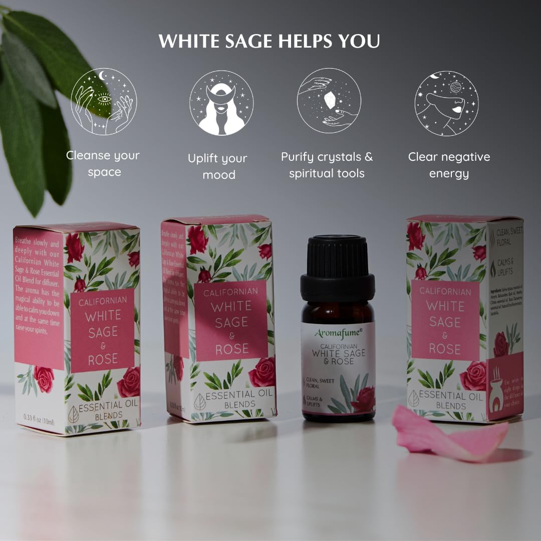 White Sage & Rose Essential Oil Diffuser Blend by Aromafume | 3x10ml/0.33 fl oz | Aromatherapy Oil for Cleansing Negative Energy & Protection | Ethically sourced | Sage Oil for Smokeless Smudging