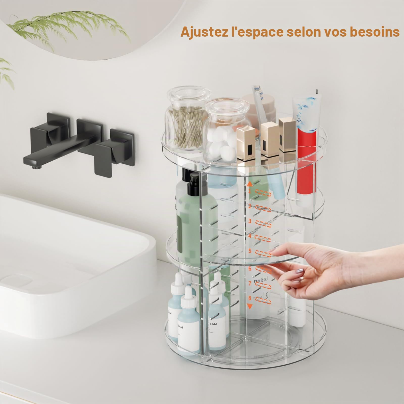 Organiseur de maquillage rotatif, 8 couches réglables pour soins de la peau, présentoir cosmétique avec porte-pinceau, plateau de parfum, carrousel de rangement multifonction pour coiffeuse, salle de