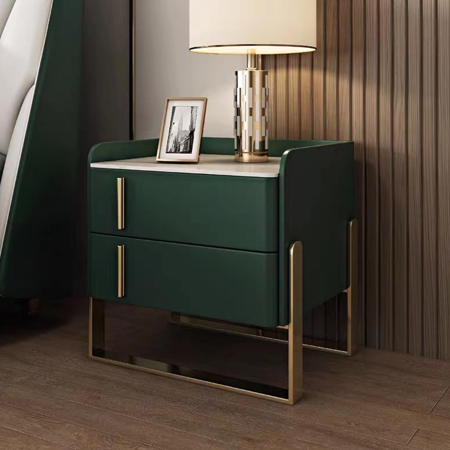Juego de 2 modernas mesitas de noche con acabado de cuero con cajón, mesitas de noche estrechas para dormitorio, marco de pedestal de metal, mesas auxiliares de cama con gabinetes
