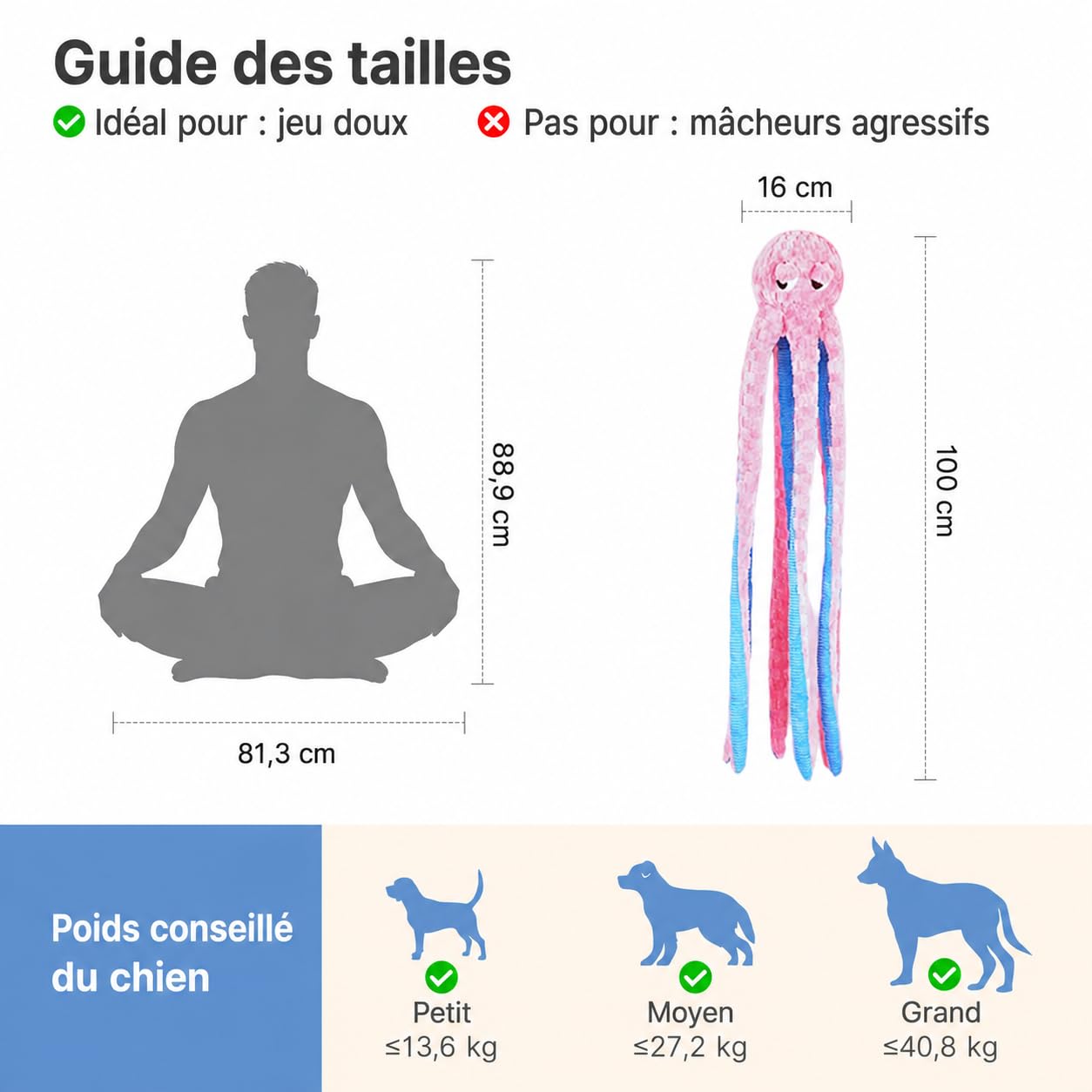 Potaroma Jouet Chien Pieuvre Peluche Couineur 100 cm, Jeu Interactif Chiot | Tentacules extra longues, velours doux, rembourrage coton épais, coutures renforcées, bon accessoire cadeau, toutes tailles.