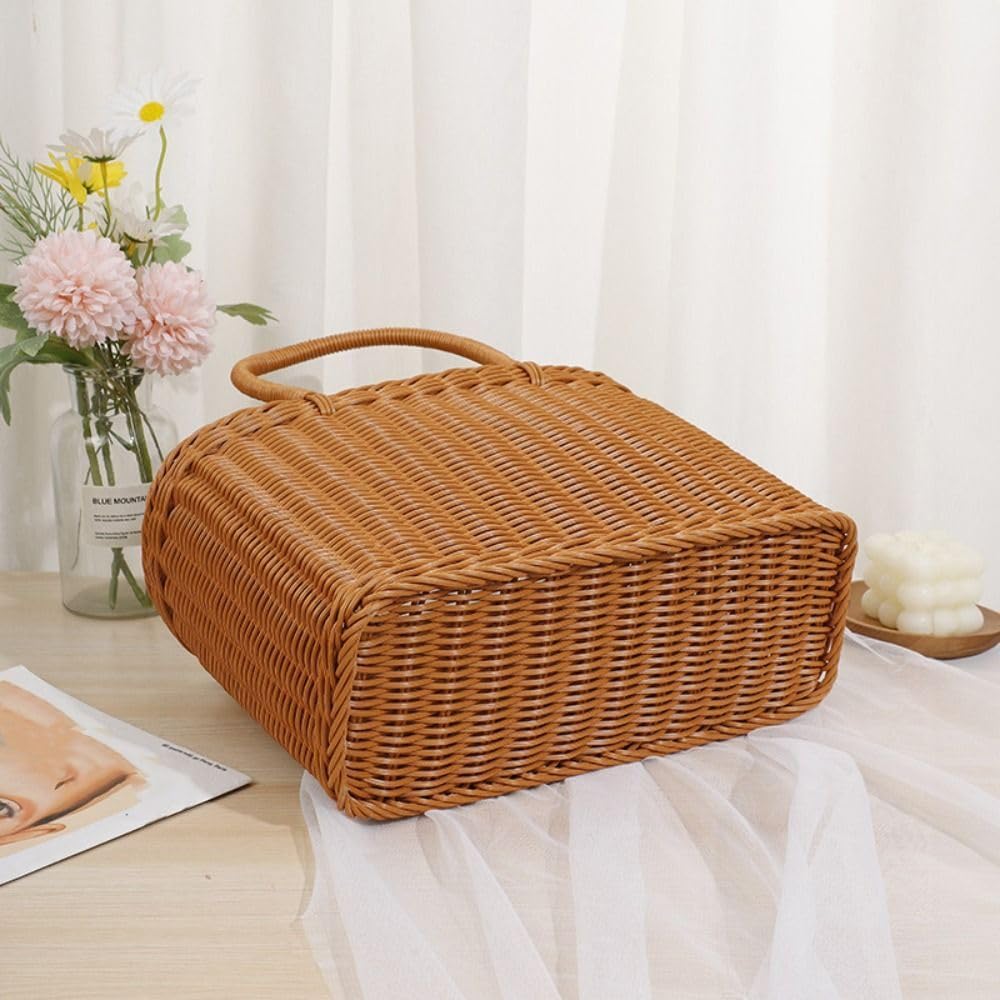Canastas de mimbre tejidas, cesta de picnic rectangular con asa, organizador de almacenamiento portátil, caja de almacenamiento de verduras para el hogar (S)