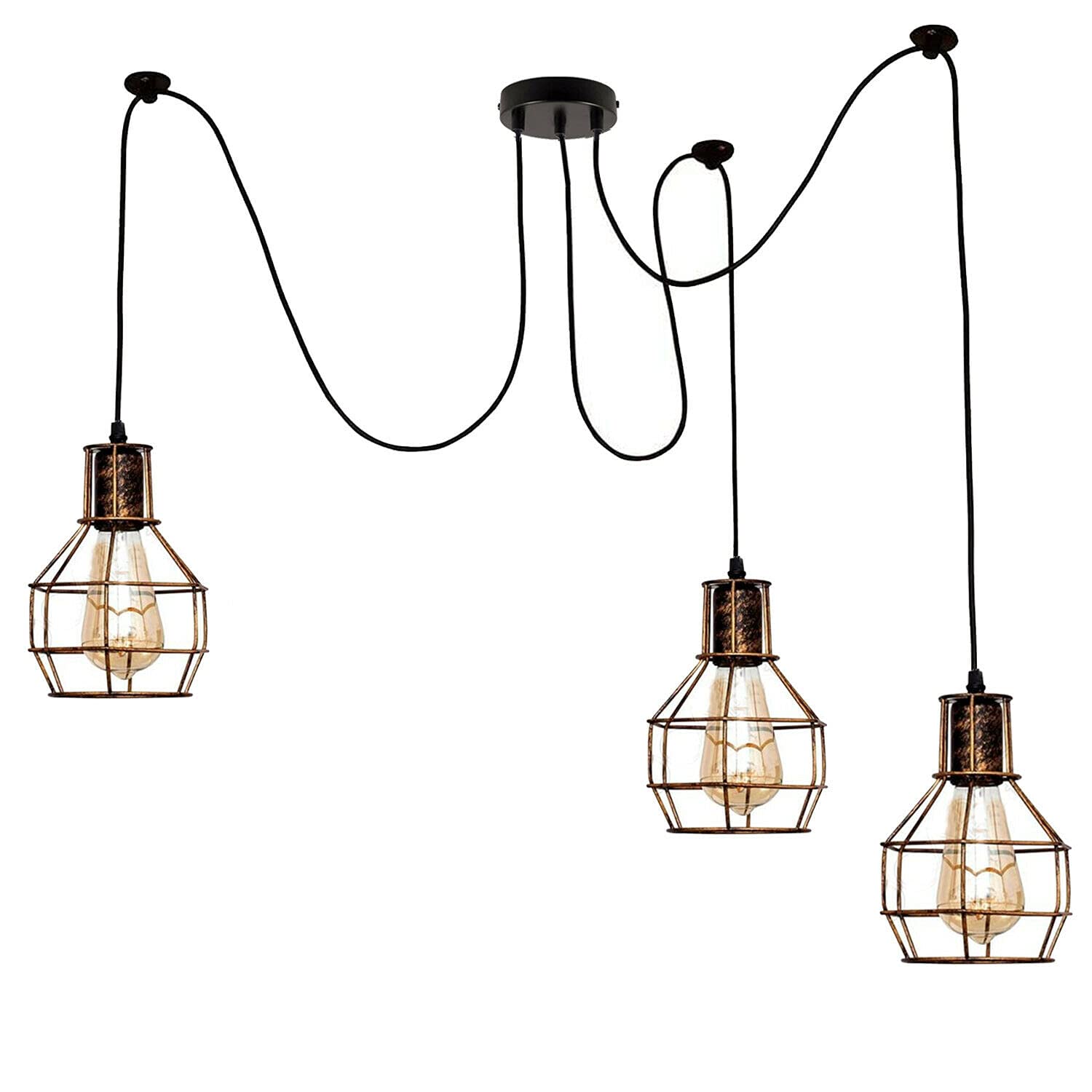 DC VOLTAGE Retro 3 Wheel Shape Pendant Light Cage 3 Lights with Hanging Wire 200Cm Height Adjustable (with Bulb, Brushed Copper)