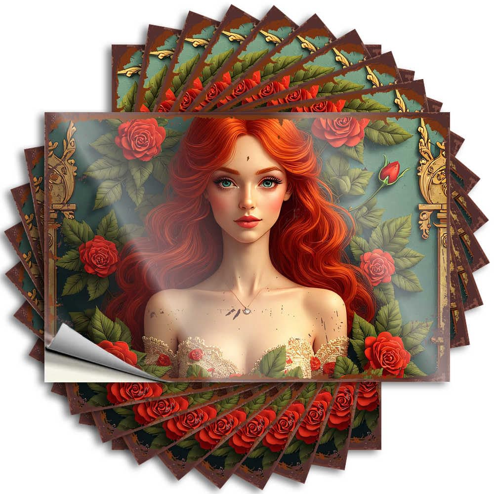 Stickers Bottle Girly Red Rose Fantasy: A Whimsical Portrait with Floral Delights for Billiard - Funny Room Decor Easy Peel Removable(8X12CM)
