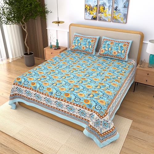 Image of India 100% Pure Cotton Jaipuri Printed Double Bedsheet with 2 Pillow Covers | Traditional Sanganeri Floral Design | Soft Breathable Fabric | King Size Bedsheet for Bedroom (Kaya56)