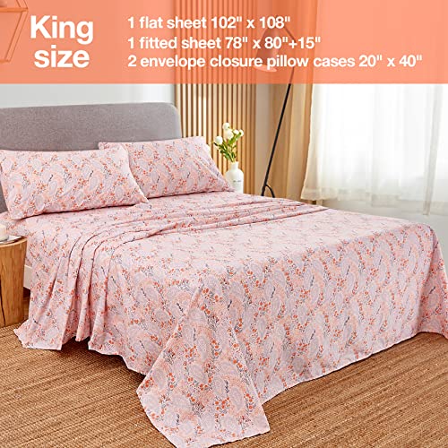 Image of JSD Pink Paisley Floral Printed King Sheet Set Extra Deep Pocket | 4 Piece Soft Microfiber Sheets, OEKO-TEX Certified, Easy Care
