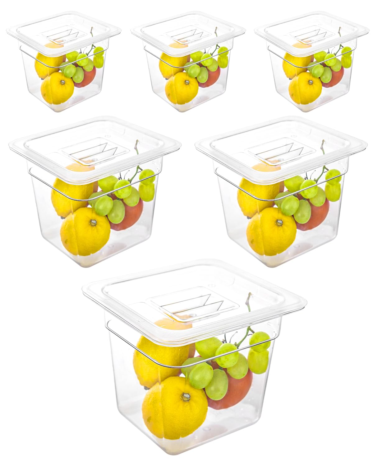 Lot de 6 poêles alimentaires avec couvercles, taille 1/6, incassables, empilables en plastique pour hôtel, fête, restauration, cuisine, préparation des repas, de -40 °C à 100 °C (2,22 L