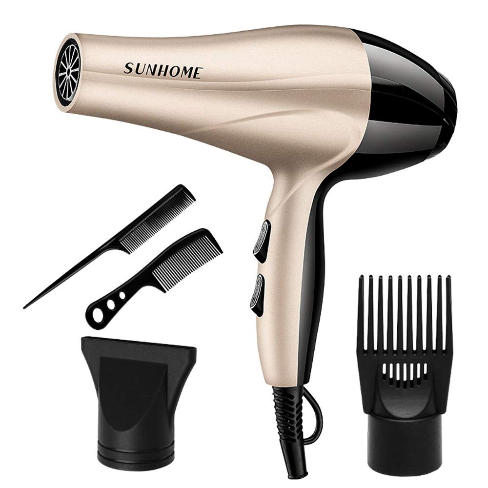 SUNHOME 5-Piece Professional Hair Dryer,1800W Negative Ionic Fast Dry Low Noise Blow Dryer, Professional Salon Hair Dryers with 2 Nozzle And 2 Comb， 2 Speed and 3 Heat Settings