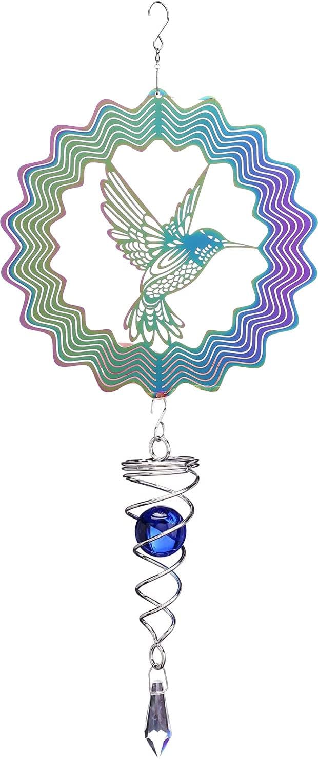 ExceforeExcefore Hummingbird Wind Spinner Metal Garden Decor Sun Catcher 3D Metal Hanging Wind Spinner Kinetic Yard Art Decorations with Ball Spiral Tail for Yard Backyard Indoor Patio Lawn Decor