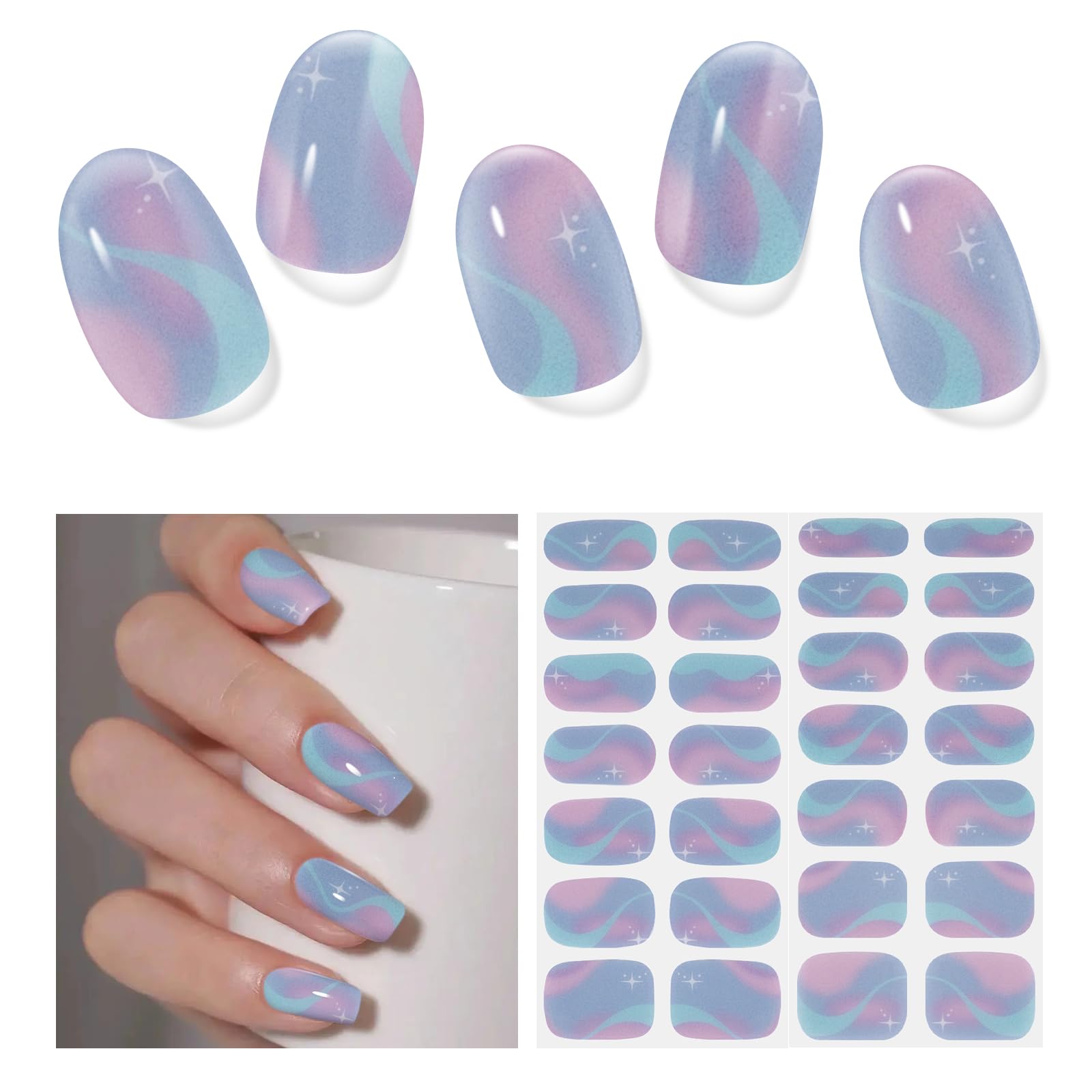 Nagelfolie UV Härtend - 28 Stück UV Gel Nagelfolien Selbstklebend Nail Sticker Art Stickers DIY für Damen (Aurora Blau)