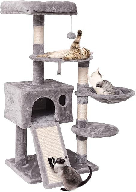 JISSBON 120cm Cat Tree Tower, Multi Level Cat Scratching Post with Condo, Ladder, Hammock & Plush Perches for Kittens, Adult Cats, Light Grey