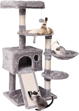MQ Cat Tree Tower 47.3 in, Multi Level Cat Scratching Post with Condo, Ladder, Hammock & Plush Perches for Kittens, Adult Cats, Light Gray