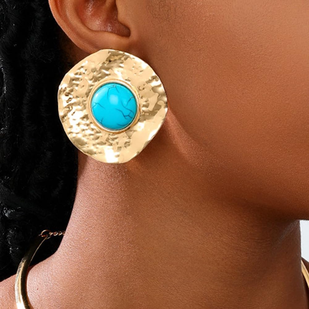 Chunky Gold Hammered Turquoise Earrings for Women Fashion Natural Stone Dangle Earring Vintage Country Cowboy Cowgirl Round Disc Statement Jewelry - Image 4