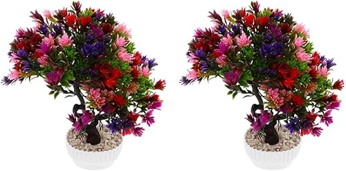 Miniatura 8 de Happyyami Adorno de bonsái de simulación en maceta de plástico 2 piezas adornos de flores artificiales para decoración del hogar
