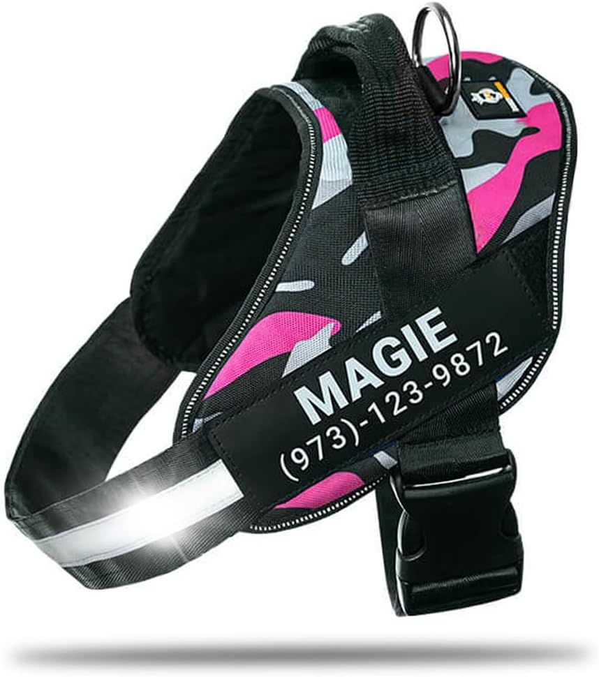 Personalized No-Pull Dog Harness with Name Patch, Adjustable, Reflective, Padded, Heavy Duty Pet Vest to Prevent Tugging, Pulling, or Choking, Training and Walking, Camouflage Pink, L