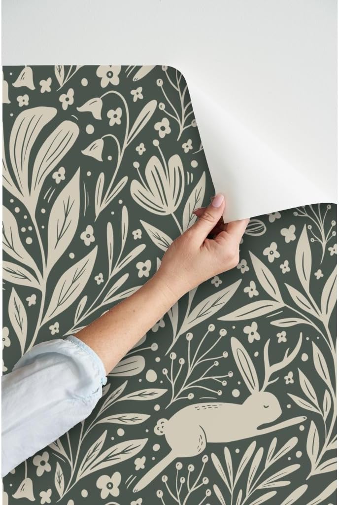 Spoonflower Peel & Stick Wallpaper 9ft x 2ft - Antlered Rabbits Flowers Green Medium Scale Leaves Floral Woodland Whimsical Folk Custom Removable Wallpaper