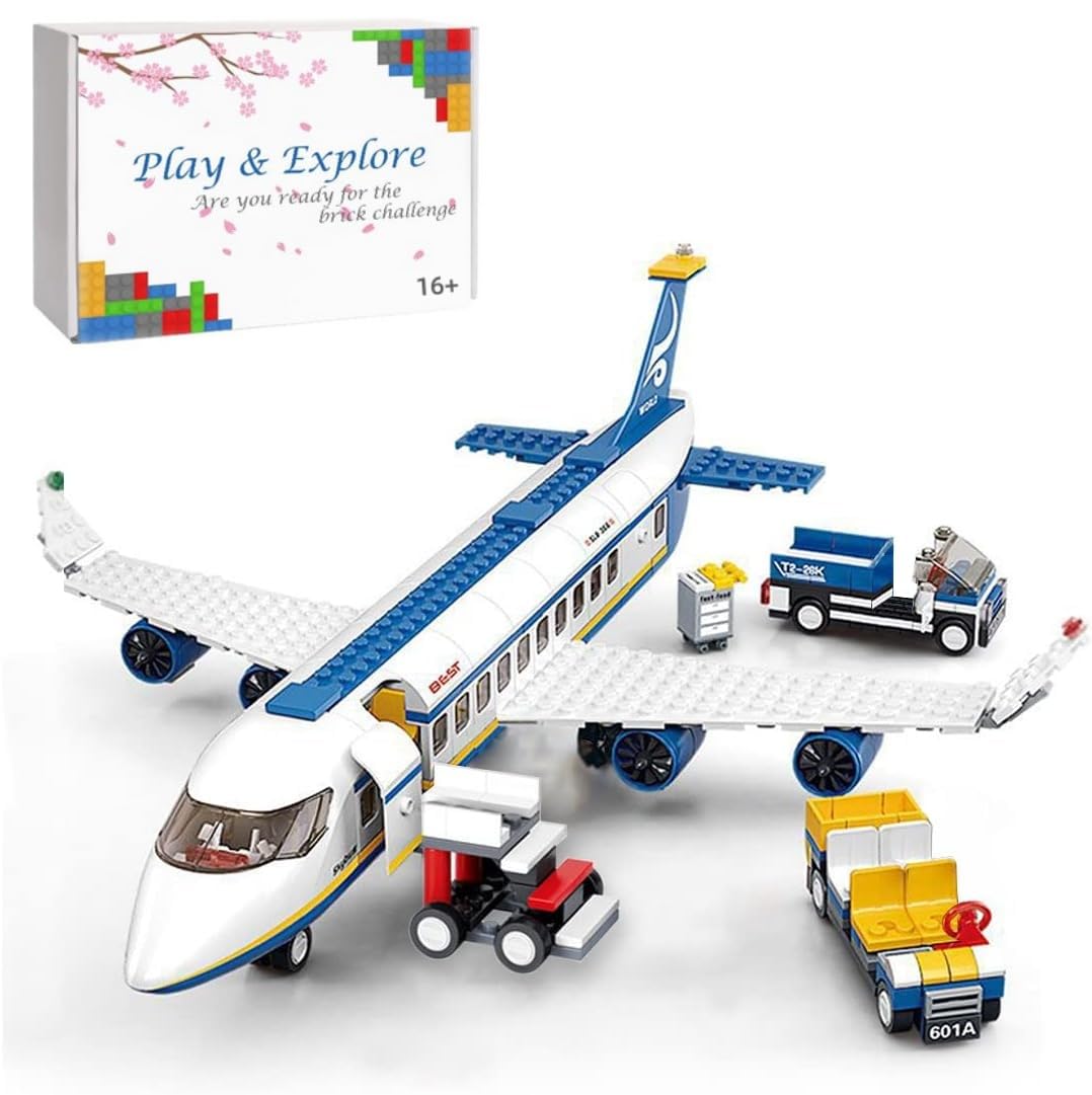 Aeroplane Building Blocks Set, 463 Pieces City Passenger Plane Building Bricks Set with Mini Truck and Crew Mini Figures, Aircrafts Model for Children, Compatible with Lego 60197