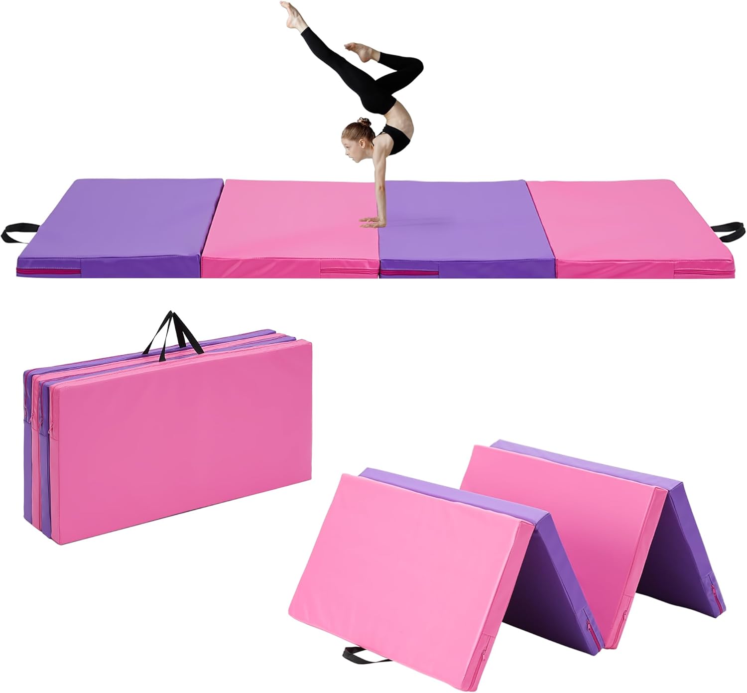 Outdoor Basic 6'x3'x2'' Gymnastics Mats Portable 4-Fold Tumbling Mat Thick Yoga Mat with PU Leather & Carry Handle for Home Workout, Yoga, MMA Core Training, Pilates