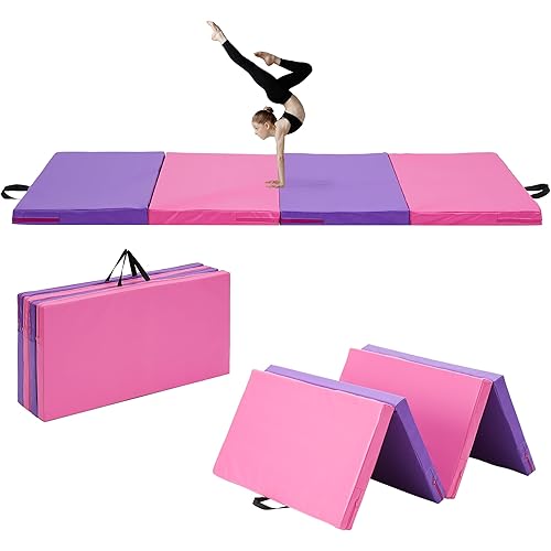 Outdoor Basic 6'x3'x2'' Gymnastics Mats Portable 4-Fold Tumbling Mat Thick Yoga Mat with PU Leather & Carry Handle for Home Workout, Yoga, MMA Core Training, Pilates