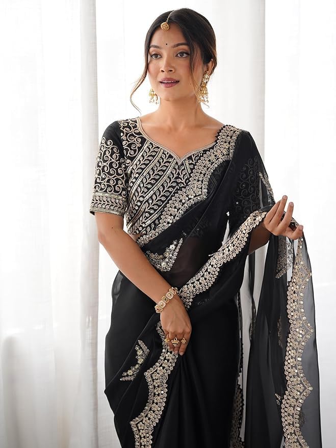 VIBRANCE Women's Tissue Silk Sequin Embroidery Scalloped Border Saree with Unstitched Blouse Piece
