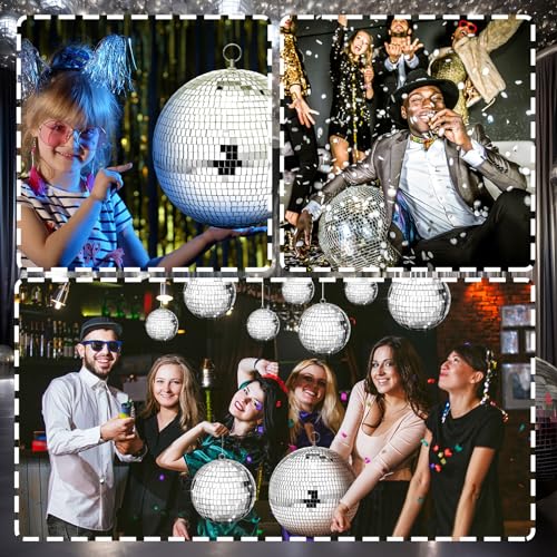 Beeveer 12 Pcs Large Mirror Disco Ball Light Mirror Ball Disco Party Decorations Silver Hanging Sets Reflective Ornament for Christmas Wedding Party Favor(8/5/3/2 Inch)
