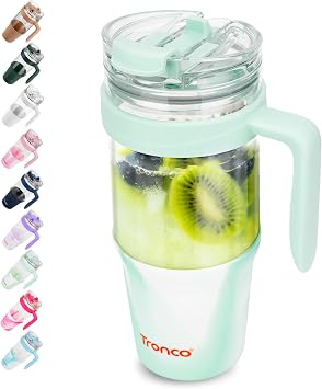 Tronco 40oz Glass Tumbler with Straw and Lid, Leakproof Flip Straw Glass Tumbler with Handle, Glass Water Bottles Fit in Cup Holder, BPA Free, Dishwasher Safe Mixed Light Green