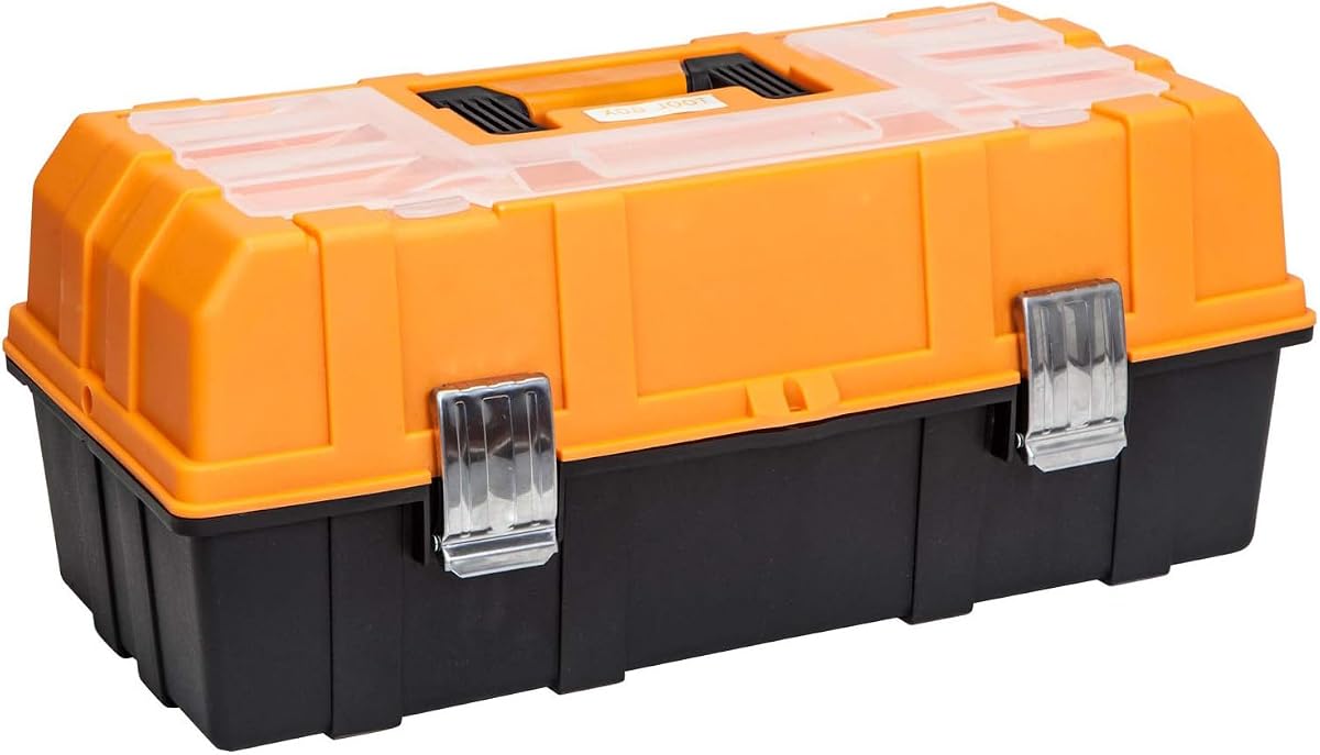 Jack Boss Caja de herramientas de plástico portátil de 3 niveles, 17 pulgadas, organizador multifunción, negro/naranja