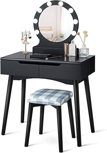 Miniatura 2 de Giantex Juego de mesa de tocador con 8 bombillas e interruptor táctil, tocador princesa para niñas con espejo redondo grande, 2 cajones deslizantes