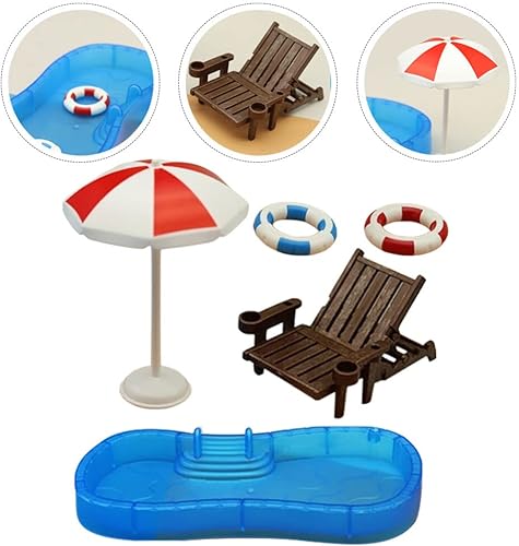 Miniatura 3 de Piscina en miniatura, 5 piezas, decoración de casa de muñecas en miniatura, sombrilla para piscina, silla de playa para bricolaje, jardín de hadas,