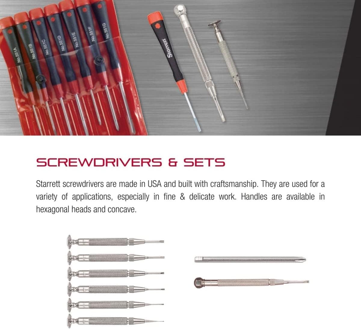 Starrett Jewelers Screwdriver Set with Knurled Grip Nickel-plated Steel Bodies and Case - 0.025-0.100" Blade Width, 3-3/4" Overall Length - Set of 6 - S555Z-6
