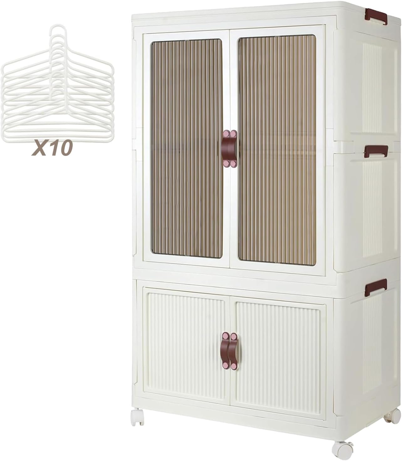 PULNDA Portable Plastic Wardrobe Closet, Foldable Storage Bins for Clothes, Storage Organizers with Lid and Doors, Stackable Closet Wardrobe with 10 Hangers, White