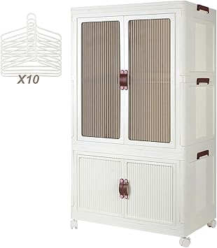 Portable Plastic Wardrobe Closet, Foldable Storage Bins for Clothes, Storage Organizers with Lid and Doors, Stackable Closet Wardrobe with 10 Hangers, White