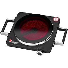TZS First Austria - Infrared Hot Plate with handles Single Glass Ceramic Stove Plate ALL Pot Types 1500W - Portable Hob Electric Cooktop for Camping & Apartment - Stepless Adjustment & Indicator Light