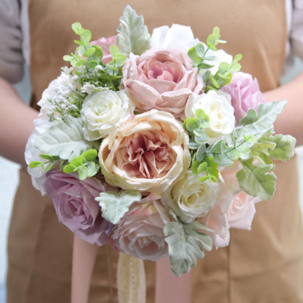 LESING Bridal Wedding Bouquets Artificial Rose Flowers Bouquet Handmade Romantic Wedding Bouquets for Bride Bridesmaid Holding Flowers (Bouquet-Peony Rose Purple) - Image 4