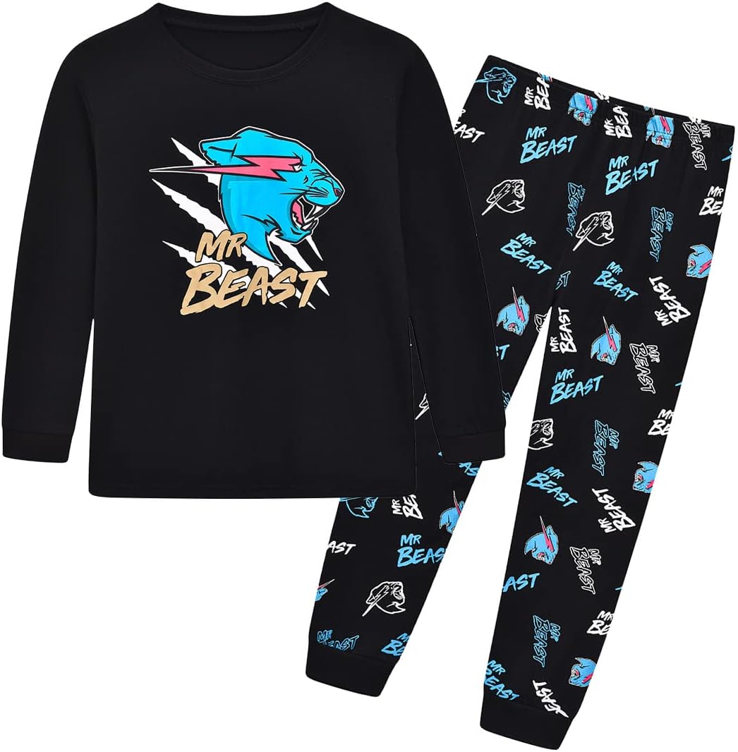 DelanhonKids Boys Girls Famous Youtuber Gamer Roaring Leopard Lighting Cat Print Pyjamas Youth Teen Pjs Set 7-13 Years