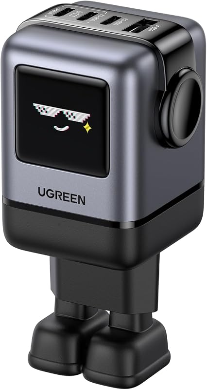 UGREEN UNO 100W GaN USB-C Töltő 4 Portos LED Kijelzővel - Robot Dizájn MacBook, iPad, iPhone, Galaxy Készülékekhez (Fekete)