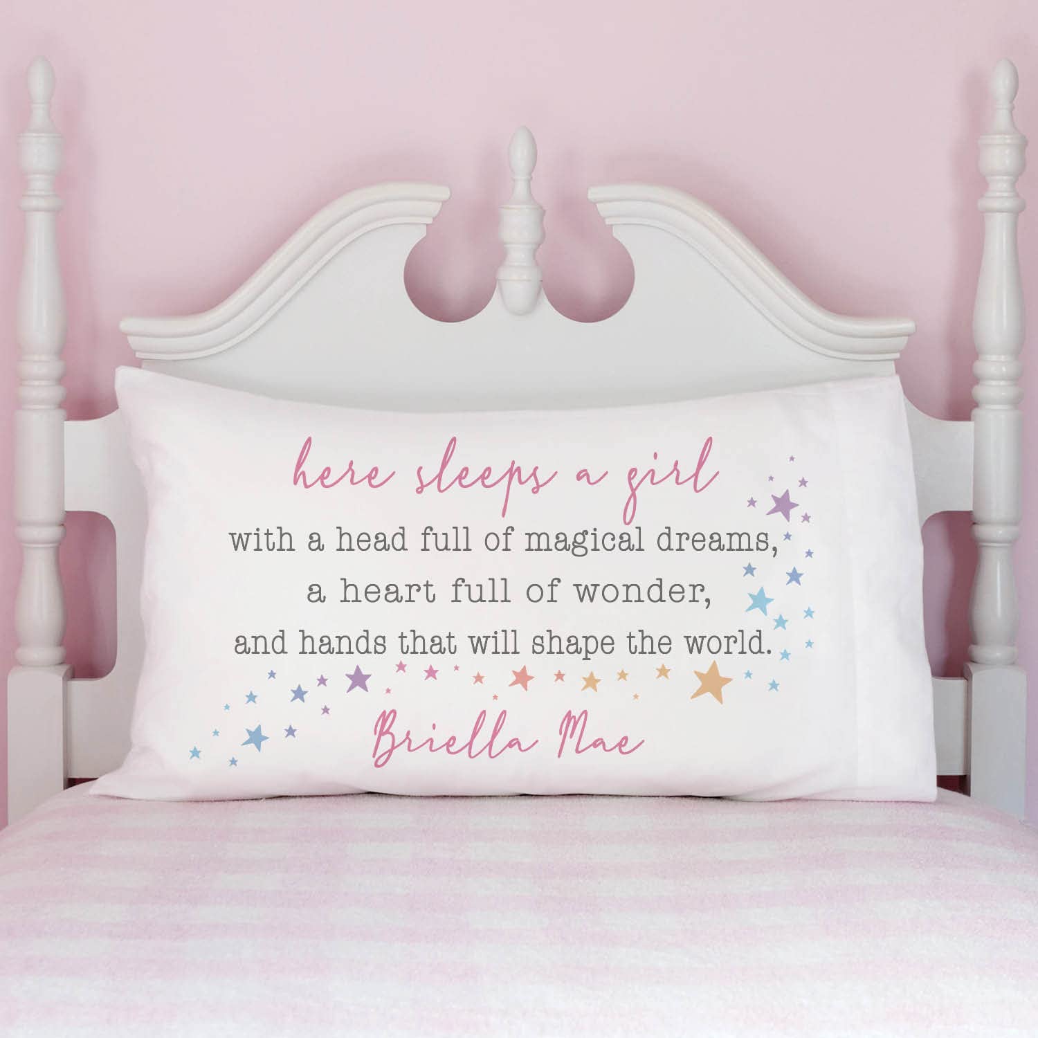 Personalized Planet Here Sleeps A Girl White Pillowcase with Custom Name Printed | Fun Bedroom Décor for Children | Standard Queen Size Pillow Cover | 20x31