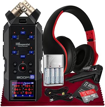 Zoom H6essential Portable Studio Recorder, H6E 32-Bit Float, 6-Track Recorder, Accessibility, 4XLR/TRS with 64GB SD, Tripod, Headphone, Rechargeable Batteries & More for Musicians Podcaster Filmmaker