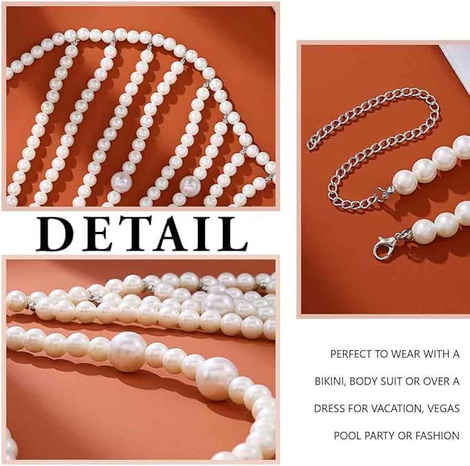 Pearl Body Chain Shoulder Necklace Pearl Top Bikini Pearls Shoulder Chains Bra Chain Jewelry for Women Rave Nightclub Party Body Accessories Sexy Bra Chain (9 line) - Image 4