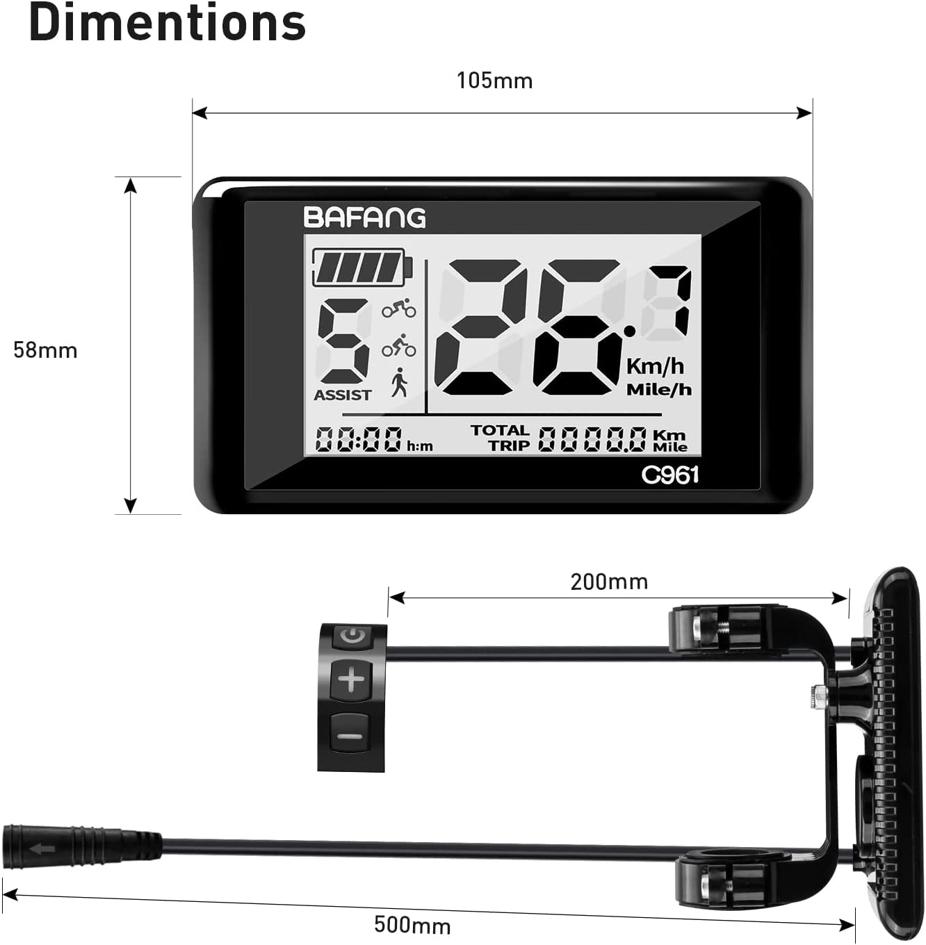 eBike Display C961 para BBS01B BBS02B BBSHD 8fun Mid-Drive Motor Bicicleta eléctrica Impermeable Bicicleta Ebike Ordenador Velocímetro con protocolo Pas Hub Motor Display