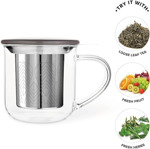 Miniatura 3 de VIVA Minima Eva - Taza de té de vidrio con infusor de malla, taza de café con tapa de porcelana, 14 onzas, lana