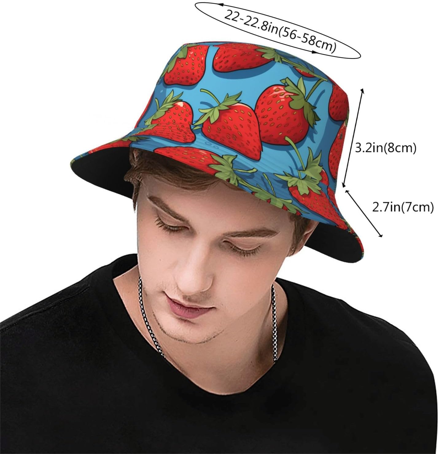 Fresh Strawberries Prints Summer Outdoor Travel Bucket hat, a Beach Sun hat Suitable for Both Men and Women Black