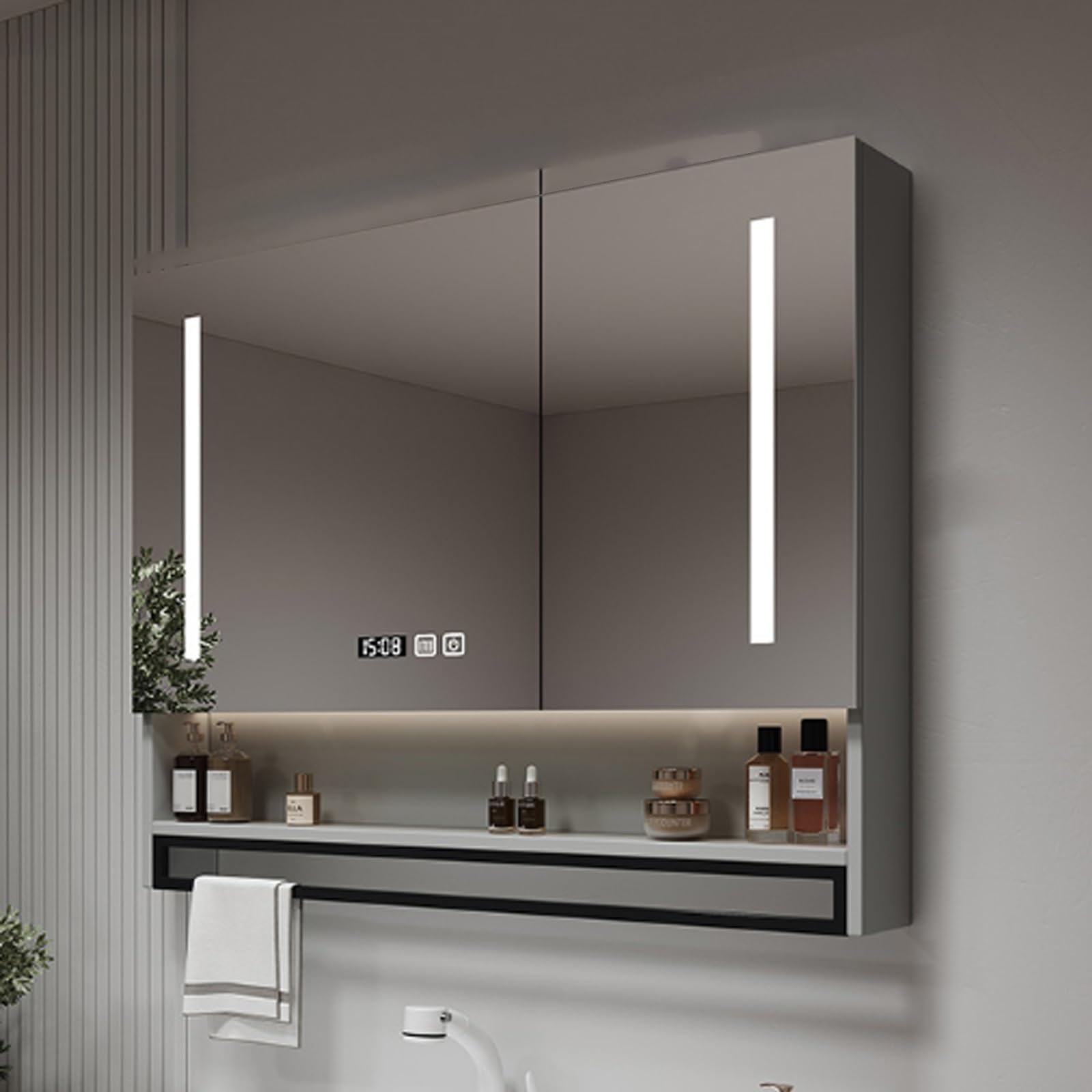 Inteligente armario de baño con espejo y luz,Armario de Pared Rectangular Antivaho,Espejo de Maquillaje para Inodoro con Estante,armario espejo baño led tiempo temperatura,agujero de papel,barra de to