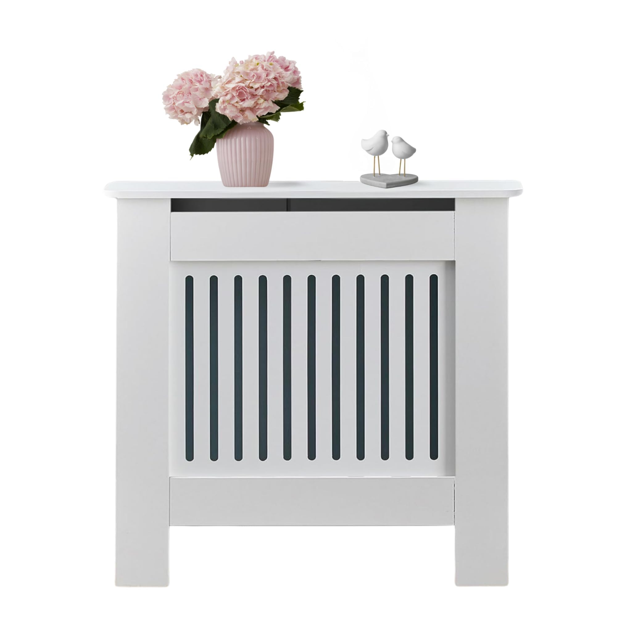 Cache Radiateur MDF Blanc avec Étagère et Lattes, 103x82x19cm
