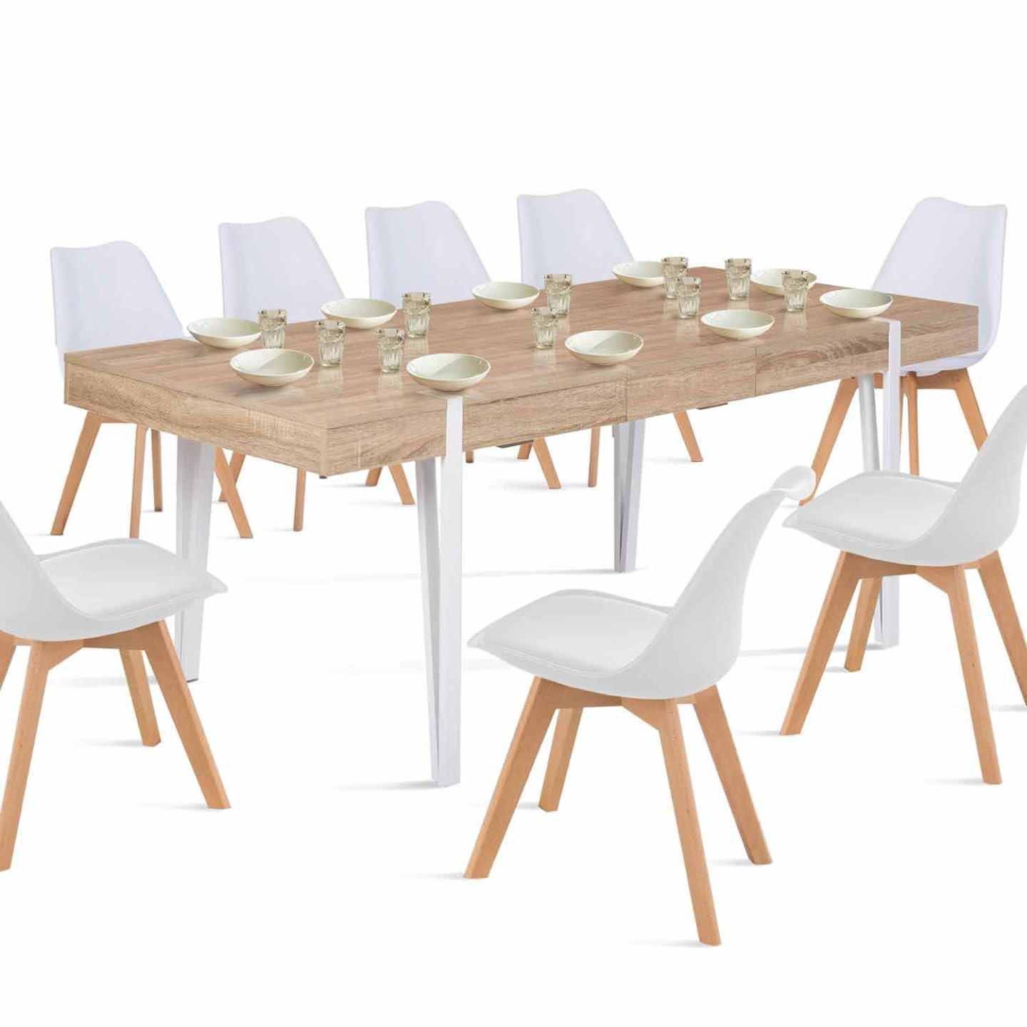 IDMarket - AUSTRIA Tavolo da pranzo rettangolare allungabile per 6-10 persone con gambe a spillo bianche 160-200 cm