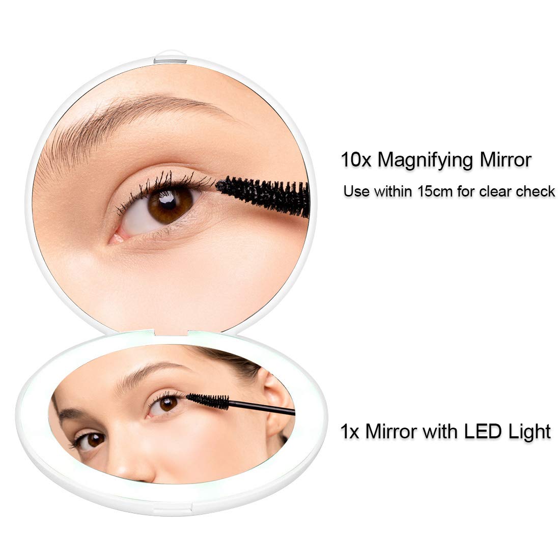 Travel Mirror with LED Lighted, 1x/10x Magnification Compact Mirror with Light, 2-Sided Illuminated Folding Round Mirror, Handheld Pocket Makeup Mirror (White) - Image 2