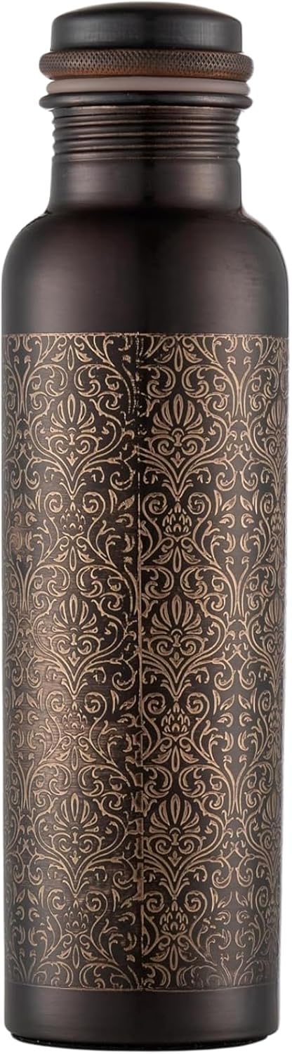 Pure Copper Water Bottle - 32 oz - BPA Free Non-Insulated Jointless Leakproof Durable Metal Bottles for Sports and Travel - Antique Engraving